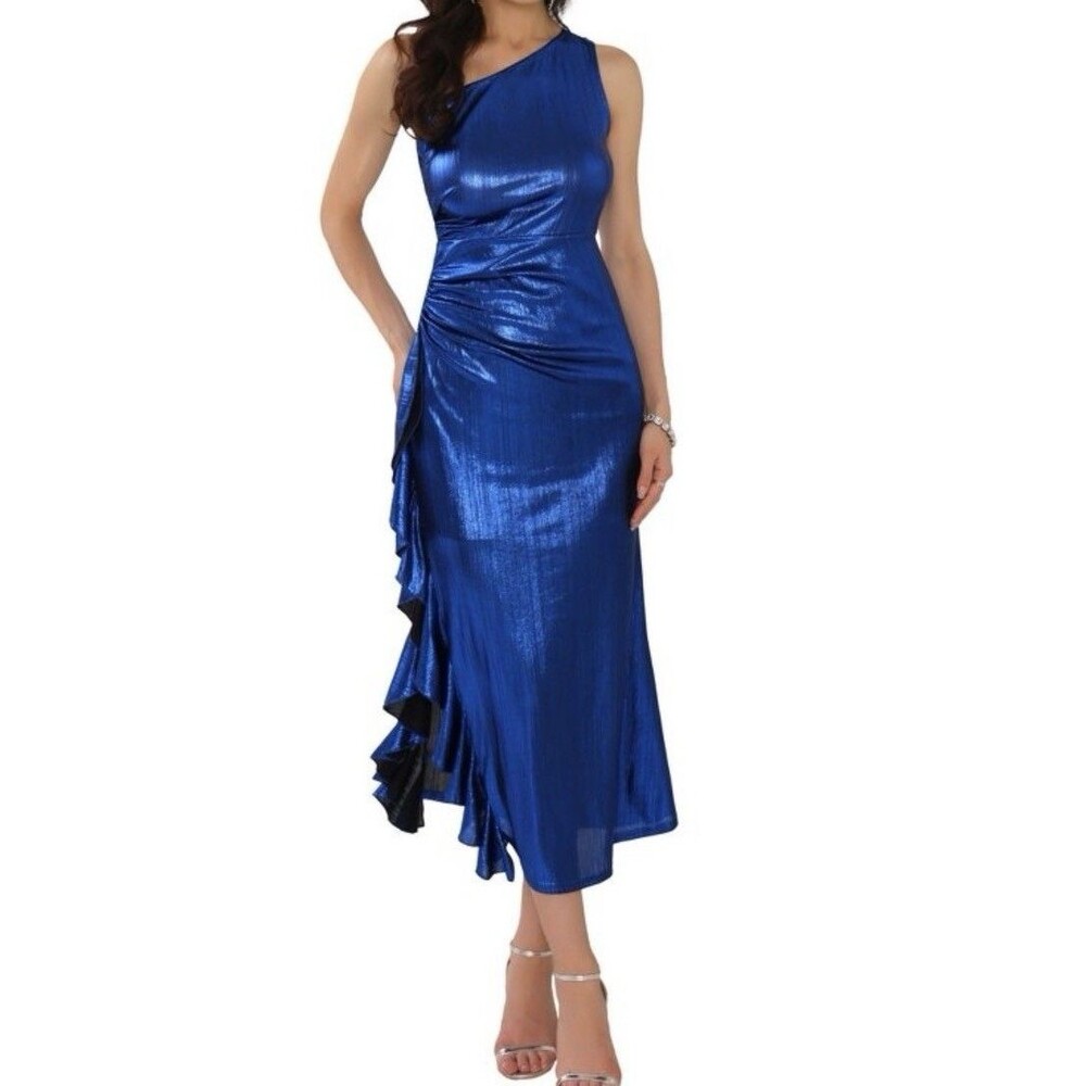 Inspire Women One Shoulder Sparkly Ruched Ruffle Bodycon Cocktail Color Pink